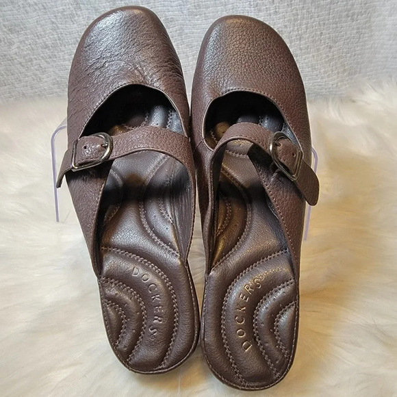Dockers Womens Quirky Mary Janes Brown Leather Mules Shoes Slip On Clogs Wedge‎ - Picture 7 of 10